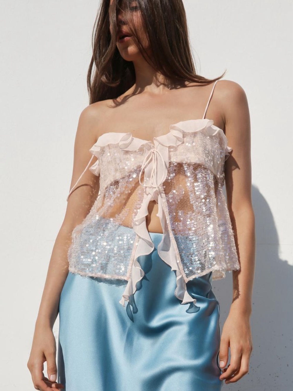 Zara Pink Sequin ruffle tank top